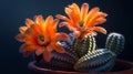 Generative AI Closeup of Rebutia fabrisii orange flower cactus in a small pot business concept.