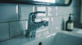 Generative AI Closeup on stylish silver wall mounted faucet in washbasin in elegant bathroom with white tiles and