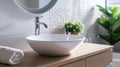 Generative AI Closeup on stylish white washbasin with wooden cabinet in new bathroom with modern patterned tiles p