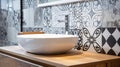 Generative AI Closeup on stylish white washbasin with wooden cabinet in new bathroom with modern patterned tiles p