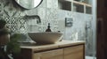 Generative AI Closeup on stylish white washbasin with wooden cabinet in new bathroom with modern patterned tiles p