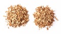 Generative AI closeup of two piles of cedar or palo santo incense wood chips isolated over a white background top Royalty Free Stock Photo