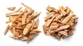 Generative AI closeup of two piles of cedar or palo santo incense wood chips isolated over a white background top Royalty Free Stock Photo