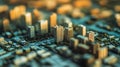 Generative AI Closeup view of modern highrise buildings in miniature city model business concept.