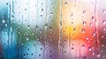 Generative AI Closeup through window of rainy day with water dripping down glass against blurred colorful backgrou Royalty Free Stock Photo