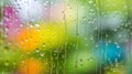 Generative AI Closeup through window of rainy day with water dripping down glass against blurred colorful backgrou Royalty Free Stock Photo