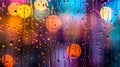 Generative AI Closeup through window of rainy day with water dripping down glass against blurred colorful backgrou Royalty Free Stock Photo