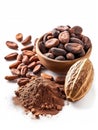 Generative AI Cocoa ingredients with cocoa beans, fresh cocoa pod and cocoa mass isolated on white background. bus Royalty Free Stock Photo