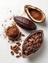 Generative AI Cocoa ingredients with cocoa beans, fresh cocoa pod and cocoa mass isolated on white background. bus Royalty Free Stock Photo