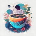Generative AI. Coffee cup illustration Galaxy in smoke, space, earth, star, coffee bean, cafein, fantasy, card, website, colorful Royalty Free Stock Photo
