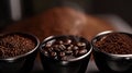 Generative AI Coffee in its various forms from raw beans to ground coffee and cappuccino in three portafilters bus