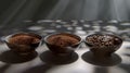 Generative AI Coffee in its various forms from raw beans to ground coffee and cappuccino in three portafilters bus