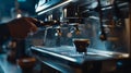 Generative AI Coffee machine making espresso shot by barista in a cafe shop business concept. Royalty Free Stock Photo