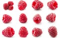Generative AI Collection or set of various fresh ripe raspberries isolated on white background business concept. Royalty Free Stock Photo