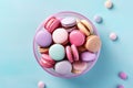 Generative AI Colored round delicious macaroons and marshmallow on pink pastel background Tasty french dessert con