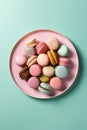 Generative AI Colored round delicious macaroons and marshmallow on pink pastel background Tasty french dessert con