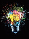 Generative AI Colorful art piece of a light bulb exploding with paint splashes and creativity business concept. Royalty Free Stock Photo