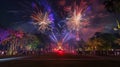 Generative AI Colorful firework in a night sky at Ho kham luang at Royal Park Rajapruek in chiangmaiThailand busin