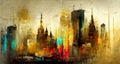 Generative AI, Colorful and golden watercolor abstract cityscape