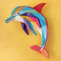 Generative AI. Colorful Origami Dolphin Leaping on a Bright Yellow Background