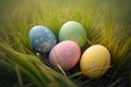 Generative AI. Colorful painted Easter eggs hidden in grass for an Easter egg hunt