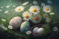 Generative AI. Colorful painted Easter eggs hidden between grass and flowers for an Easter egg hunt