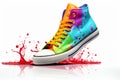 Colourful sneaker illustration. Bright multi-colored running shoes on a white background with a splash of color paint. Sport shoes