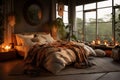 Generative AI Comfort apartment in bohemian style, boho style interior with hygge bedroom. Plaid, candles and indoor