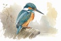 Generative AI. Common Eurasian kingfisher perches on a small twig. Watercolor bird illustration