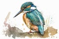 Generative AI. Common Eurasian kingfisher perches on a small twig. Watercolor bird illustration