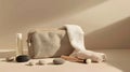 Generative AI Compact toiletry bag with different cosmetic products spa stones and towel on beige background flat