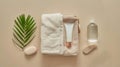 Generative AI Compact toiletry bag with different cosmetic products spa stones and towel on beige background flat
