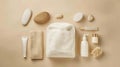 Generative AI Compact toiletry bag with different cosmetic products spa stones and towel on beige background flat