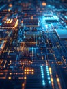Generative AI Complex Orange and Blue Circuit Board Detailing Microchip Integration and Data Pathways business con