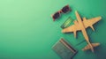 Generative AI Composition with ticket credit card wooden plane and sunglasses on green background business concept