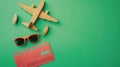 Generative AI Composition with ticket credit card wooden plane and sunglasses on green background business concept