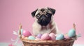 Generative AI concept of Catholic Easter and pets. A charming pug puppy next to a wicker basket full of colored Easter Royalty Free Stock Photo