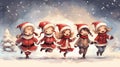 Generative AI The concept of a merry Christmas. Children's greeting card with Santa's helpers. Five girls in