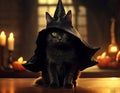Generative AI Concept pets celebrate Halloween in costumes like people. A charming black kitten is wearing a witch hat Royalty Free Stock Photo