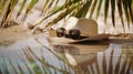 Generative AI concept vacation and summer travel banner Happy holidays on sandy tropical sea beach Panama hat and Royalty Free Stock Photo