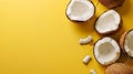 Generative AI Concet of eco frendly flat lay Fresh coconut and slices on yellow background Healthy and vegan foo