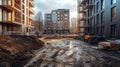 Generative AI Construction of a block of flats with a visible construction site and necessary materials business c