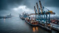 Generative AI Container Ship Docked at Harbor Terminal with Cranes on a Cloudy Day business concept. Royalty Free Stock Photo