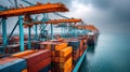 Generative AI Container Ship Loading at a Busy Port with Cranes Under Overcast Sky business concept. Royalty Free Stock Photo