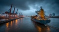 Generative AI Container Ship Navigating Harbor with Cranes and Cityscape Under Dramatic Sky Representing Global Tr Royalty Free Stock Photo