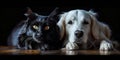 Contrasting elegance of a sleek black cat and a graceful white dog posing together on a striking black background