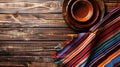 Generative AI Cooking background with empty mud dish mexican typical fabric on rustic wooden table Table top view Royalty Free Stock Photo