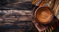 Generative AI Cooking background with empty mud dish mexican typical fabric on rustic wooden table Table top view Royalty Free Stock Photo