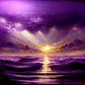 GENERATIVE AI, GENERATIVE, AI, cosmic purle fantasy sunset with purple and gold tones on the water with waves.