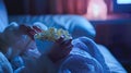 Generative AI Couple having watching television eating pop corn on the sofa Concept about television lifestyle peo Royalty Free Stock Photo